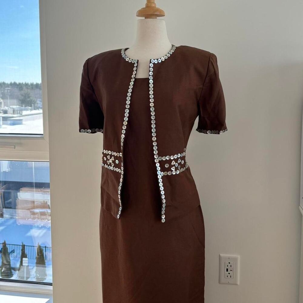 Coldwater Creek Brown Linen Sleeveless Long Dress With Beaded  Jacket Sz 12 NWT